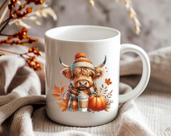 Highland Cow Halloween Mug, Cosy Autumn Coffee Cup, Farmhouse Decor, Fall Harvest Gift