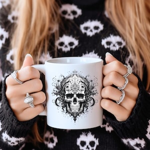 Gothic Skull Vibes Halloween Mug, Intricate Black & White Tattoo Art Coffee Cup, Spooky Dark Aesthetic Gift for Skull Lovers, Trendy Mug
