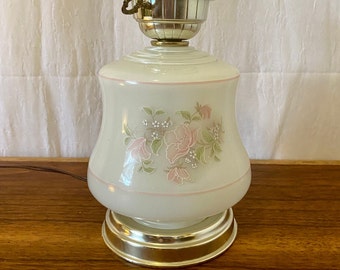 Vintage Mid Century Modern Lamp White Milk Glass and Brass with Floral Pink Flowers