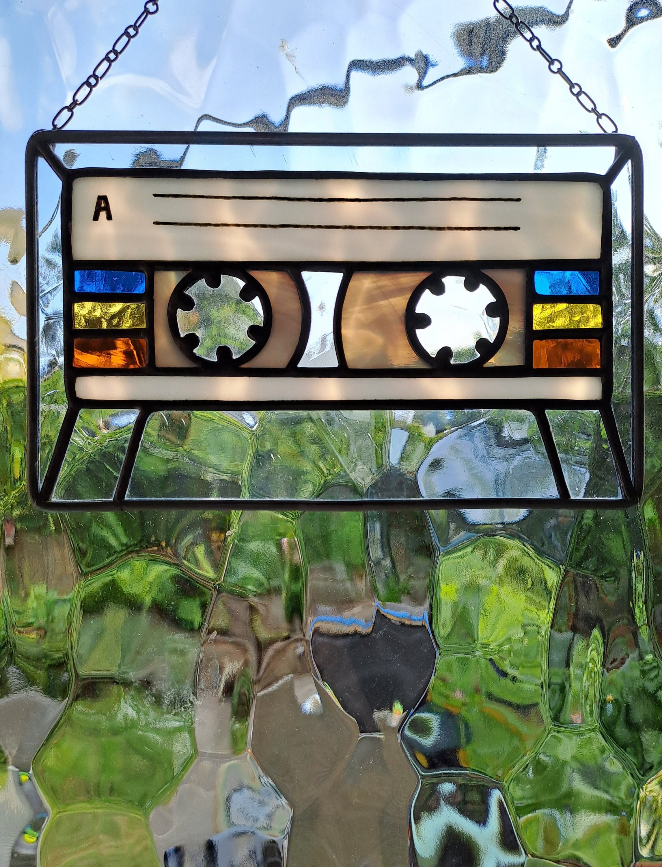 Hand Crafted Real Stained Glass Cassette Tape Suncatcher Artwork