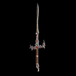 May include: A silver sword with a brown leather grip and red gemstone accents. The sword has a decorative design with intricate details.