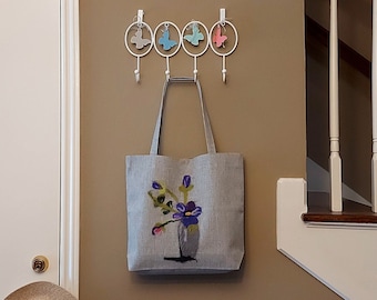 Purple Flowers Shoulder Bag, Gift for Mother's Day, Violet Embroidered Linen Bag, Pocket Tote Bag