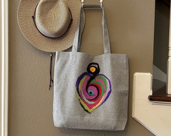 Colorful Heart Embroidered Tote /   Weekender Shoulder Bag / Linen Canvas Tote With Pockets