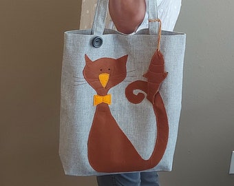 Canvas Shoulder Bag With Big Cat, Canvas Tote Bag, Mothers Day Gift, Large Tote