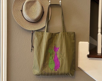 Satin Poplin Tote With Cute Cat/ Aesthetic Tote With Pockets/ Green Tote With Black Kitty /T1