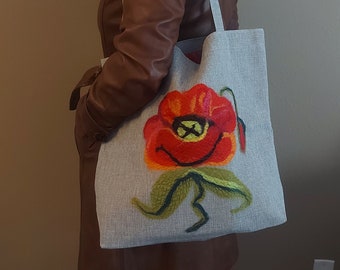 Aesthetic Linen Tote Bag With Cute  Rose Embroidery/  With 3 Pockets /Gift For Teacher/ For Fall