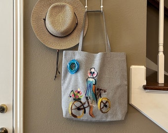 Large Tote Bag With Pockets/ Bike Tote/  Embroidered Tote Bag
