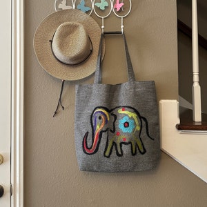 Boho Linen Tote / Animal Shoulder Bag/ Cute Canvas Tote With Pockets
