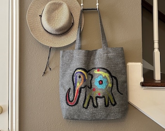 Boho Linen Tote / Animal Shoulder Bag/ Cute Canvas Tote With Pockets