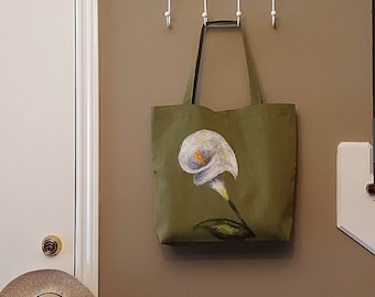 Large Linen Tote With Pockets, Aesthetic Tote, Embroidered Flowers Tote Bag, Mother's Day Gift Green Canvas Tote Bag with White Lilies