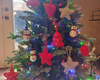 crochet christmas ornaments, angel ornament, mini christmas tree, knitted stocking, hanging ornaments