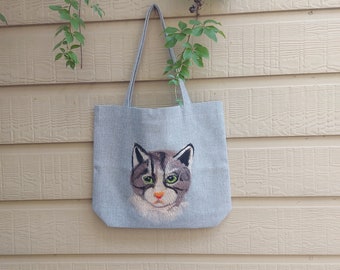 Cat Figure Embroidered, Linen Tote Bag, Made of Wool Felt, Cat Lovers Bag.