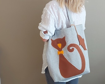 Cute Cat Tote with Big Tail, Large Tote With Pockets, Aesthetic Tote Bag ,Embroidered Tote Bag Cat
