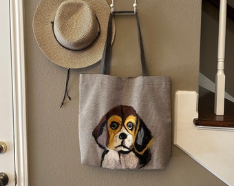 Dog Embroidered Linen Tote Bag/ Boho, Canvas  Bag For Weekenders/ Women Shoulder Bag With Pockets