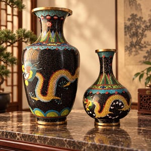 May include: Two cloisonné vases with black backgrounds and gold-toned rims. Both vases feature a yellow dragon motif with green, blue, and red accents. The larger vase has a tall, slender neck, while the smaller vase has a rounded, bulbous body.