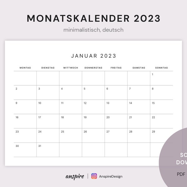 Kalender 2023 | Druckbarer Monatskalender A4 Quer | Deutsch | Minimalistisches Design 01