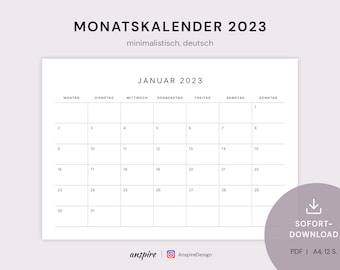 Calendar 2023 | Printable monthly calendar A4 landscape | German | Minimalist design 01