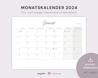 Calendrier 2024 | Calendrier mensuel imprimable A4 paysage | Allemand | Festivals/fêtes et phases de lune