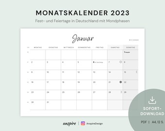 Calendar 2023 | Printable monthly calendar A4 landscape | German | Holidays/Holidays & Moon Phases