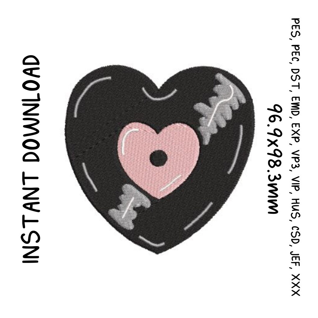 Retro Embroidery Design for Music Lovers Vinyl Embroidery Aesthetic Heart Embroidery Cute Trendy