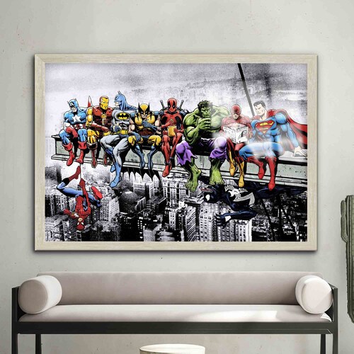 Tempered Glass, Glass Wall Decor, Mural Art, Marvel & DC Superheroes shops Lunch Atop A Skyscraper, Iron Man Wall Art, Hulk Glass Printing,