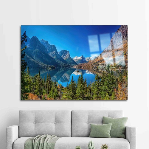 Mural Art, Glass Art, Glass shops Printing, Saint Mary Lake and Wild Goose Island, Nature Landscape Wall Art, Landscape Wall Decoration,