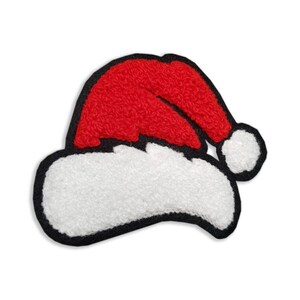 May include: A red and white Santa hat patch with a textured, fuzzy surface. The hat features a bright red crown, a thick white brim, and a white pom-pom at the tip. The entire design is outlined with a bold black border, creating a distinct shape.