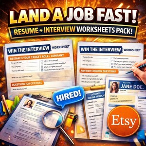 May include: A promotional image for a resume and interview worksheets pack. The image features worksheets with prompts, a resume template, and a speech bubble that says "Hired!". The Etsy logo is visible.