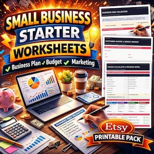 Puede incluir: Ilustración digital que promociona hojas de trabajo para iniciar una pequeña empresa. La imagen presenta una computadora portátil que muestra gráficos, una calculadora, una alcancía y hojas de trabajo impresas. El texto incluye "Small Business Starter Worksheets" y "Business Plan, Budget, Marketing".
