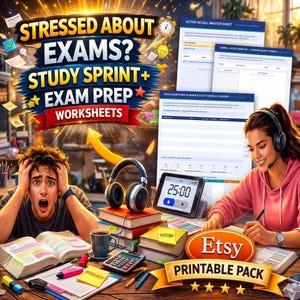 Puede incluir: Ilustración digital que promociona la preparación para exámenes. El texto "STRESSED ABOUT EXAMS? STUDY SPRINT+ EXAM PREP WORKSHEETS" es prominente. Una persona estresada y otra estudiando con hojas de trabajo y un temporizador.