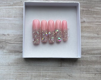 XL Square Bling Press-On Nails: Rhinestone Glitter Long Nails