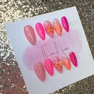 Pink tropical Press-On Nails | seashell nails Pink almond press ons | pool nails | lotus flower nails
