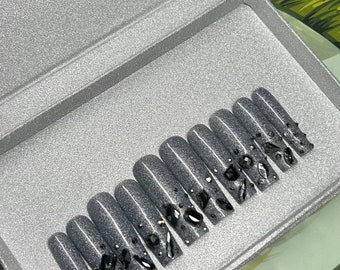 Reflective Glitter Rhinestone Press On Nails: Long Tapered Square Gem Nails