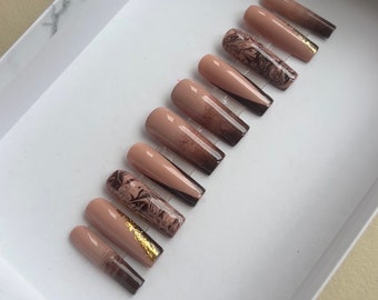 Chocolate Brown nails | French tip nails | ombré press ons | marble press on nails