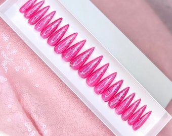 Vibrant and flirty nails |Hot Pink nails | Glitter Long Stiletto Nails