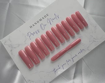 Uñas postizas cuadradas XL brillantes color rosa rubor/coral / Estilo minimalista y limpio