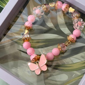 Butterfly Beaded Bracelet: Pink & Heart Charms, Handmade