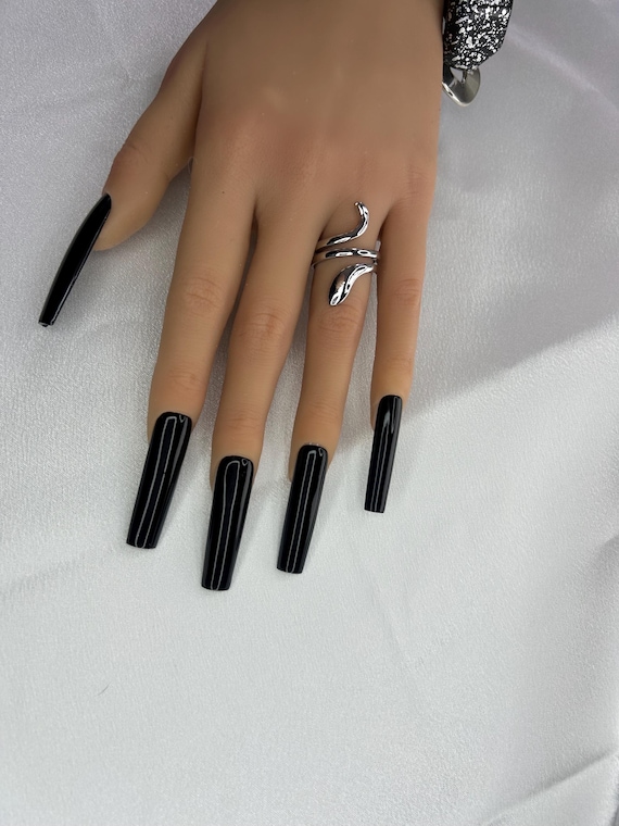 Glossy Black Long Square Press on Nails | Reusable False Nails | Custom Glam Baddie Style