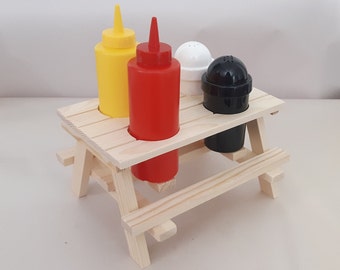 Porte-condiments Mini plateau de table de pique-nique Décoration de jardin d'extérieur Adorable caddie pour barbecue Ensemble cadeau de 5 pièces Ketchup, moutarde et sel, poivrière