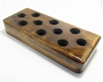 Banger bud bowl banger cap glass joint valve marble storage display stand holder, 10 hole, 10mm, 14mm, or 18mm, Dark walnut stain