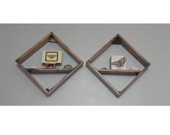 Shadow box floating shelves diamond shaped made from solid wood set of 2