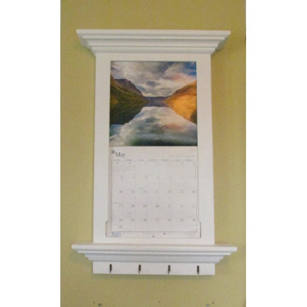 Solid wood calendar holder frame with shelf and key hooks, various colours