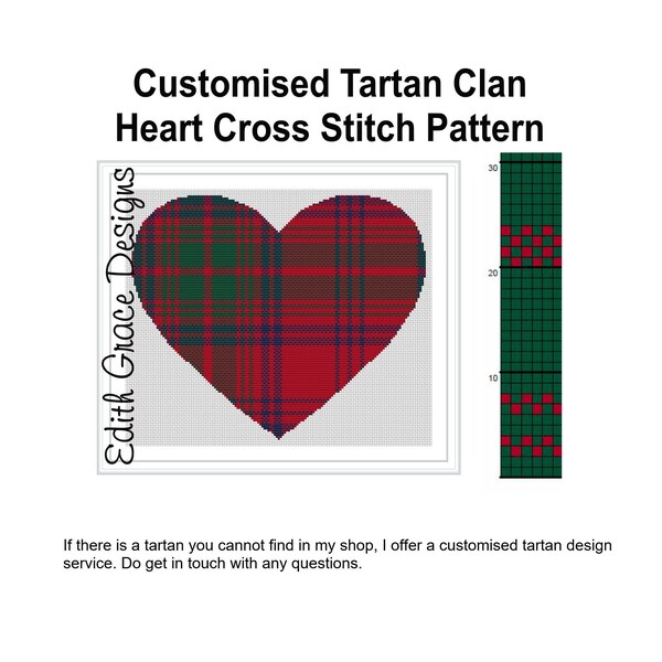 Customised Tartan Clan Heart Cross Stitch Pattern, Tartan Cross Stitch Pattern, Scottish Tartan, Home Decor,Scottish Heirloom, Plaid Pattern