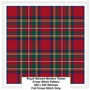 May include: A Royal Stewart Modern Tartan cross stitch pattern featuring a red, green, blue, white, and yellow plaid design. The text reads: Royal Stewart Modern Tartan, Cross Stitch Pattern, 240 x 240 Stitches, Full Cross Stitch Only.