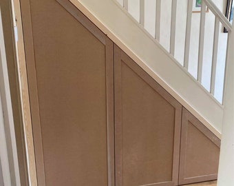 DIY Bespoke Understairs storage units made to order. Premade cupboards for the storage under your staircase.