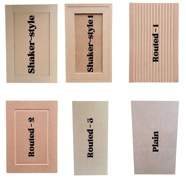 K&ouml;nnte beinhalten: Sechs verschiedene Stile von Schrankt&uuml;ren, darunter Shaker, gerillt und schlicht. Die T&uuml;ren sind aus Holz und in verschiedenen Braunt&ouml;nen gehalten.