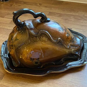Vintage Victorian Brown Flower Large Ceramic Cheese Dish Saffordshire Pottery