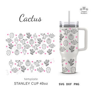 Cactus 40oz Stanley No Hole • Corações e Cactus Quencher Wrap arquivo svg Cricut png para Sublimação dxf Arquivo de corte de silhueta Download instantâneo