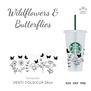 Wilde bloemen Venti Cold • Starbucks svg ontwerp, 24oz vlinders dxf silhouet wrap bestand, png instant digitale download