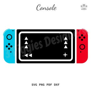May include: A vector graphic of a game console with a black screen and white control symbols. The controllers are blue and red. The word "Console" is at the top, and "SVG PNG PDF DXF" is at the bottom.